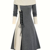 Elegant Vintage Color Block Knit Dress - Easy Care & Comfort Fit for Fall/Spring Elegance, Women’s Fashion