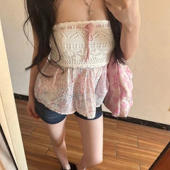 Summer New Sexy Spice French Elegant Ladies Top Lace Patchwork Halter Vest Floral Skirt Design Hollowed-Out Strapless Tops