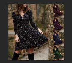 Ingvn - Spring Summer Long Sleeve V Neck Flowers Print Boho Dress Women Elegant Vintage Floral Printed Casual Green A-line Swing Dress