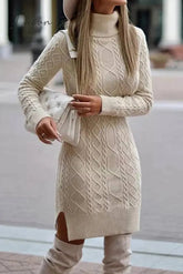 Ingvn - Elegant Solid Slit Weave Turtleneck Long Sleeve Dresses