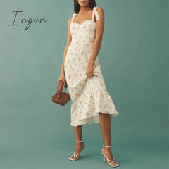 Ingvn - Dresses For Women Elegant Vintage Floral Dress Frill Sweetheart Neck Sleeveless Strap Tie Ruffle Hem Summer Beach Dress