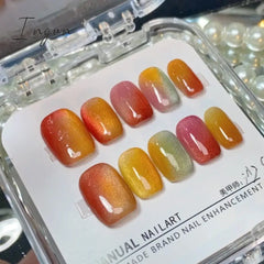 10Pcs Glitter Short Handmade Press On Nails Fake Nails Full Cover Cat Eye Square Head Artificial Manicure Wearable Nail Tips Art