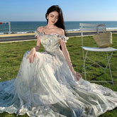 Summer Vintage Beach Holiday Print Ruffles Long Dresses for Women French Elegant Party Sleeveless Female Clothing Boho Robe