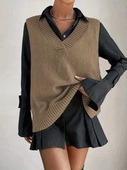Plus Size Women's Solid V Neck Casual Sweater Vest - High Low Hem, Slight Stretch, Knit Fabric, Comfortable Fit