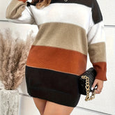 Stylish Plus Size Color Block Crew Neck Sweater Dress - Plus Size Sweater Dresses for Women - Long Sleeve, Casual, Soft, and Cozy Winter Outfit for Curvy Ladies