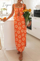 Ingvn - Sexy Floral Frenulum Slit Square Collar Sleeveless Two Pieces
