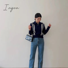 Ingvn - Women Wool Blend Navy Classic Chic Sweater 2023 Fall Winter New In