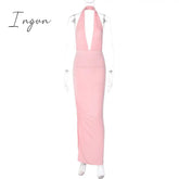 Ingvn - Elegant Deep V Neck Sexy Maxi Dress Women Pink Halter Sleeveless Backless Bodycon Split Party Club Long Dress Vestidos