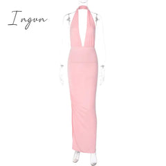 Ingvn - Elegant Deep V Neck Sexy Maxi Dress Women Pink Halter Sleeveless Backless Bodycon Split Party Club Long Dress Vestidos