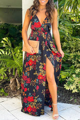 Ingvn - Sexy Vacation Floral Slit V Neck Printed Dress Dresses