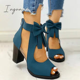 Ingvn - Peep Toe Mesh Insert Bowknot Chunky Heeled Sandals