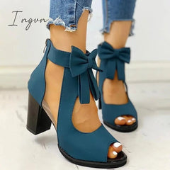Ingvn - Peep Toe Mesh Insert Bowknot Chunky Heeled Sandals