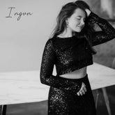 Ingvn - Fashion Sequins Night Club Sexy Two Piece Set Separate Top and Skirt Co-Ords Matching Sets Outfits Rave Festival