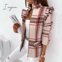 Ingvn - Casual Plaid Jacket Women Spring Autumn Long Sleeve Ruffles Khaki Pink Zippers Woman Coats Fashion Office Lady Jackets Coat