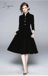Ingvn - Women Autumn & Winter Elegant Velvet Dress Festa High Quality Vintage Party Robe Femme A-Line Designer Black Vestidos