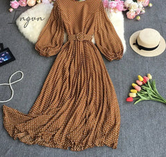 Ingvn - New Spring Autumn French O-neck long sleeve Dress polka dot printing high waist lace up mid-length A-line pleated Dress