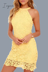 Ingvn - Sexy Solid Jacquard Lace Halter Wrapped Skirt Dresses