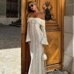 White Off The Shoulder Bodycon Dress New in Flare Sleeve Elegant Lace Maxi Dress Wedding Guest Dress for Women