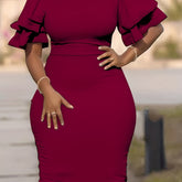 Plus Size Elegant Medium Stretch Crew Neck Bodycon Pencil Dress - Zipper Closure, Solid Color, Polyester Fabric, Spring/Fall Wear, Knit Fabric, Black Fashion Style - Comfortable and Chic for Curvy Women