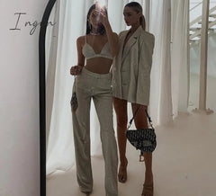 Ingvn - Sexy Glitter Sleeveless Crop Top Two Piece Pants Set Women Summer High Waist Pants Set Bodycon Straight Trouser Suits