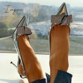 Ingvn - Pointed Toe Studded Bowknot Slingback Thin Heels