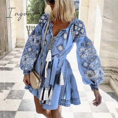 Ingvn - Tassel Sashes Mini Dresses Women Summer Autumn Sexy V-Neck Boho Dress New Bohemian Floral Printed Beach Dress Vestidos