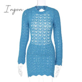Ingvn - Round Collar Backless Blue Dress Women Sexy Long Sleeve Elegant Beachwear Solid Bodycon See Through Sheath Dress Female