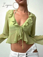 Ingvn - Summer Outfits Vintage 90s Streetwear Ruffles Trim Green Chiffon T-shirts Y2K Fashion Sexy Deep V Lace Up Long Sleeve Tops Transparent
