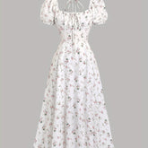 Elegant White Floral Print Midi Dress with Puff Sleeves & Tie-Back Detail - Square Neck, Non-Sheer Polyester for Women - Perfect for Spring, Summer & All Seasons, Formal Wear | Puff Sleeves Dress | Polyester Fabric