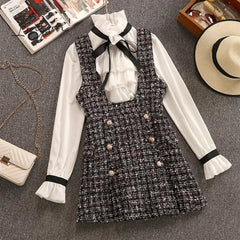 Ingvn - Autumn Winter 2 Piece Set Overalls Dress Women Elegant Ruffles Chiffon Bow Shirt Top+Double Breasted Plaid Tweed Vest Dress