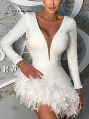 Ingvn - Deep V Neck Feather Mini Dress Women Robe Autumn New Long Sleeve Zipper Bodycon Sexy Party Evening Dresses Clothes