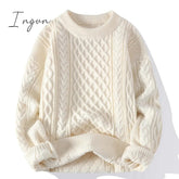 Ingvn - Winter Men Vintage Twist Sweater Round Neck Solid Color Male Fit Knitted Pullover Loose Harajuku Mens Retro Sweaters Multicolors