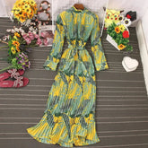 Ingvn - Autumn New Dress Temperament Turtleneck Waist Slim Long Sleeves Lace Up Wild Floral Maxi Vestidos UK016