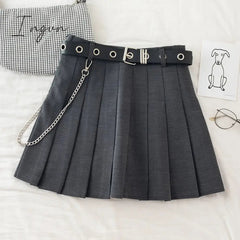 Ingvn - Black Pleated Skirt With Chain-Belt Punk Rock Girl Cheerleading Belted Mini Skirt Alt Women e-girl Outfit
