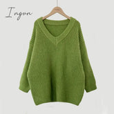 Ingvn - Green Oversized Sweaters for Women Fall Winter 2023 Korean Fashion Long Loose Pullovers V Neck Long Sleeve Jumpers