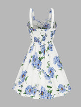 2025 Women's Beach Dresses Floral Print Vacation Sundress Garden Party Dress Summer Ruffled Bowknot Mini Dress