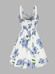 2025 Women's Beach Dresses Floral Print Vacation Sundress Garden Party Dress Summer Ruffled Bowknot Mini Dress