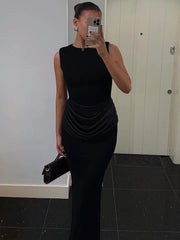 Sleeveless Ruched Sexy Maxi Dress For Women Gown Fashion Black O Neck High Waist Bodycon Club Party Long Dress Vestido