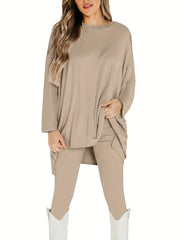 Plus Size Casual Outfits Set, Women's Plus Solid Long Sleeve Round Neck Oversized Top & Leggings Outfits Two Piece Set