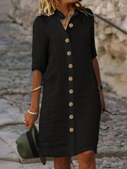 Chic Midi Dress with Button Detail - Womens Half Sleeve Casual Dress - Versatile Day-to-Night Style