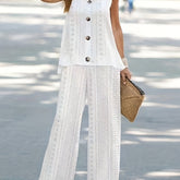 Two-piece Solid Matching Set, Casual Wide Leg Pants & Eyelet Tank Top Outfits for Women