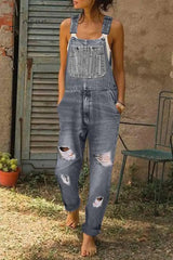 Ingvn - Washed Ripped Hole Denim Overalls(3 Colors)