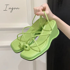 Ingvn - 2024 new fashion slope heel sandals female summer sandals wearing half slippers fairy strapping sandals female