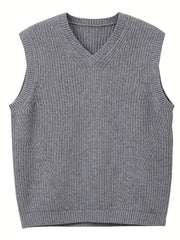 Plus Size Men's Solid Knit Textured Vest Sweater for Spring/Autumn - Oversized Trendy Sleeveless Sweater for Males