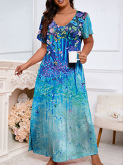 Plus Size Elegant Night Dress - Soft Slight Stretch Polyester V Neck Short Sleeve Split Design with Random Butterfly & Floral Print - Comfortable All-Season Knit Fabric Home Wear