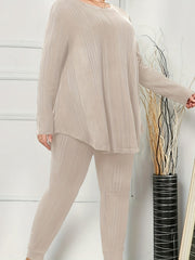 Plus Size Long-Sleeve Cozy Women's Solid Ribbed Lounge Set, Casual Style Homewear Outfit For Fall/Winter