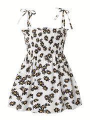 Cotton Little Girls Brief Slip Dress - Shirred, Random Daisy Print, Non-Stretch, Regular Fit, Cute Style - Perfect for Summer Beach Vacation and Outdoor Play