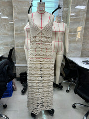 Women Knit Beach Maxi Dress Fashion Sleeveless V-neck Cover-up Dress Hollowed Summer Long Vacation Dress