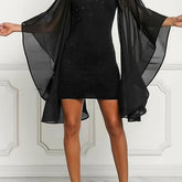 Solid Sequin A Line Dress, Elegant Mesh Sleeve Dress For Spring & Summer, Women's Clothing