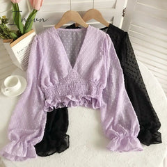 Ingvn - Women Fashion Spring Women Sweet Spot Blouse Ladies Fashion Chiffon Pullover Shirt V-neck Slim Long Puff Sleeve Folds Tunic Short Top